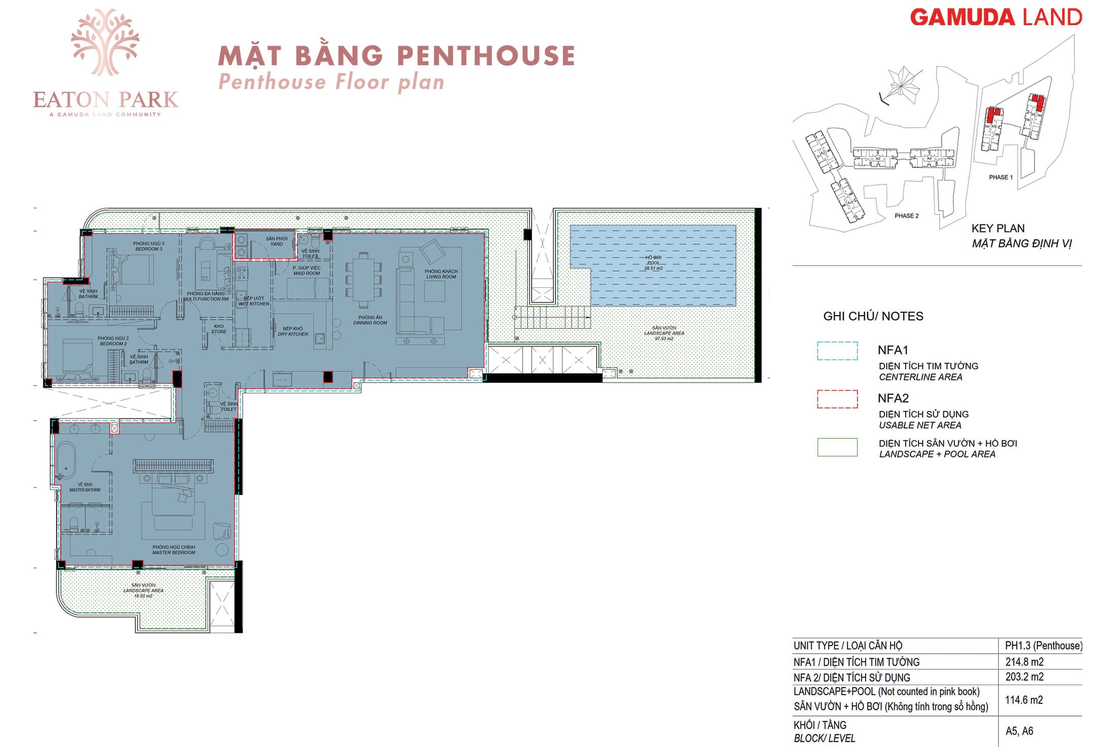 Layout thiết kế căn hộ Penthouse, Loại PH1.3 tòa tháp A5 và A6 dự án Eaton Park