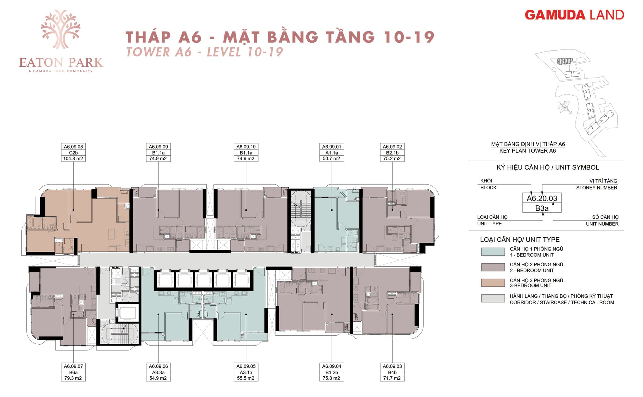 Măt bằng tầng 10 đến tầng 19 tháp A6 tại dự án Eaton Park Gamuda Land