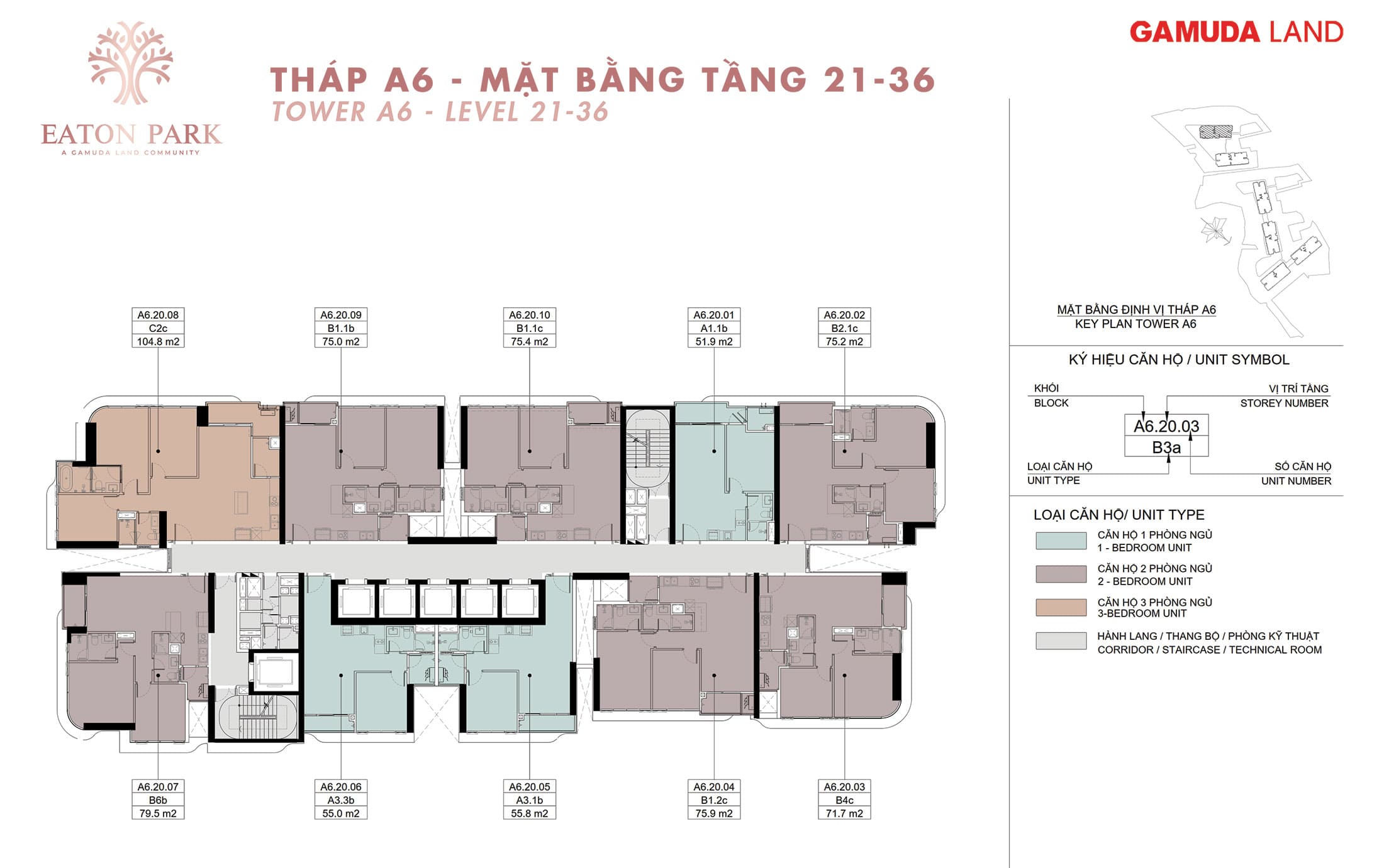 Măt bằng tầng 21đến tầng 36 tháp A6 tại dự án Eaton Park Gamuda Land