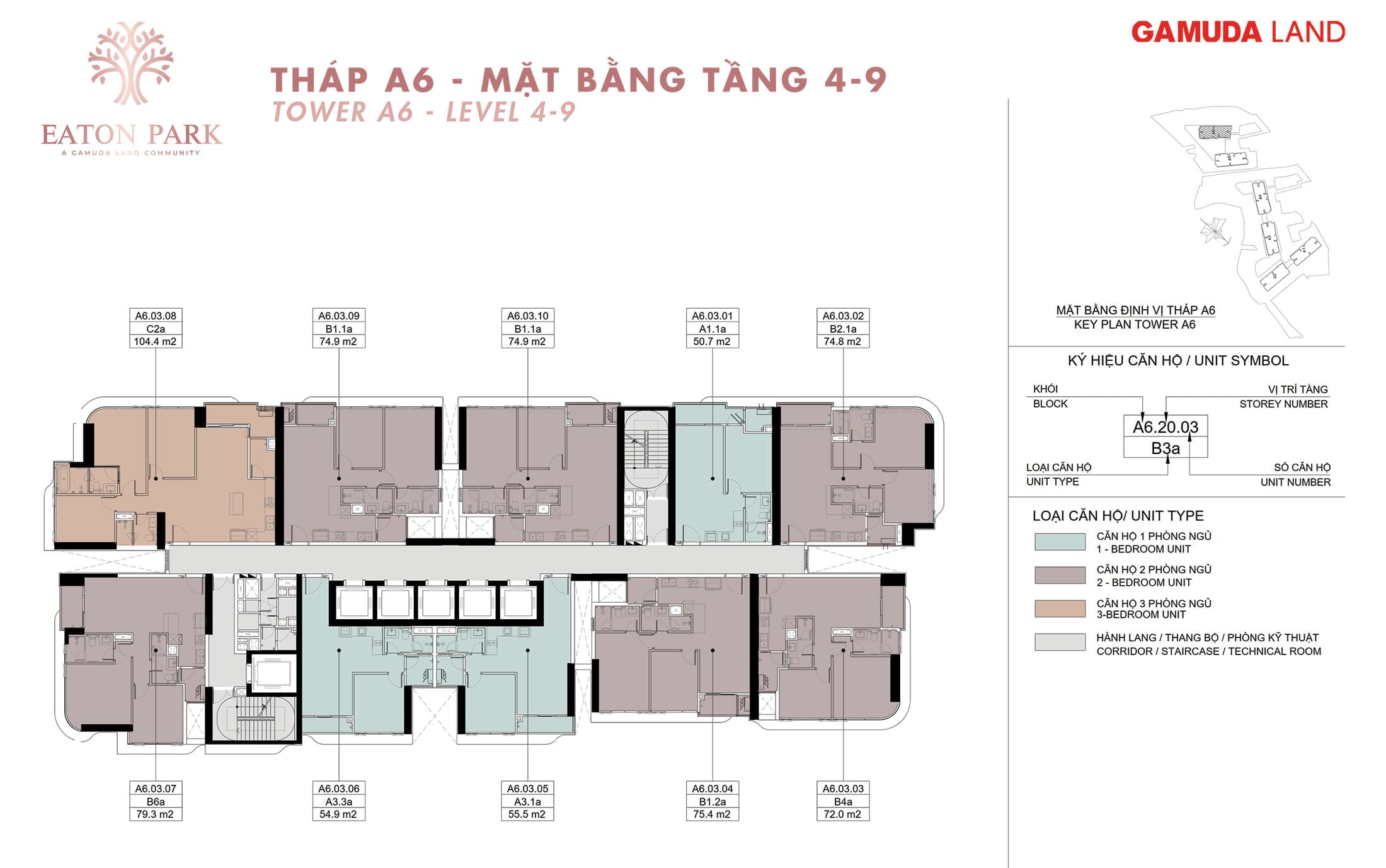 Măt bằng tầng 4 đến tầng 9 tháp A6 tại dự án Eaton Park Gamuda Land